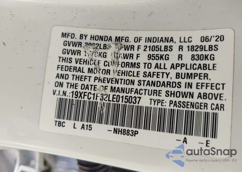 2020 Honda Civic Ex z USA, uszkodzony, nr VIN 19XFC1F32LE015037